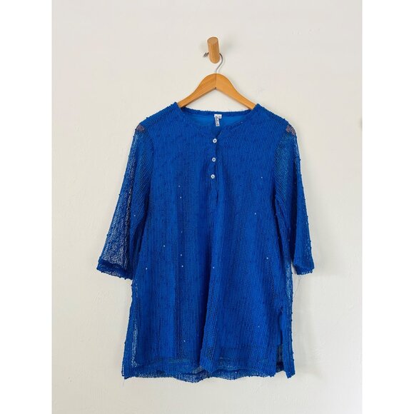 Lulu-B Women's Sz Medium Tunic Top Blue Mesh Mermaid Fishnet Open Knit - Picture 2 of 9